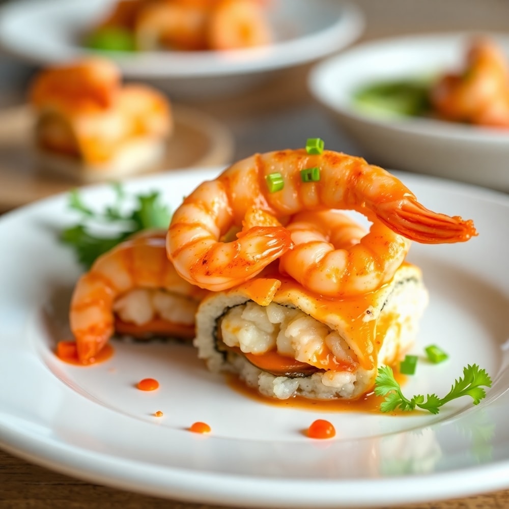 Plated Easy Spicy Shrimp Sushi Stacks on a white plate