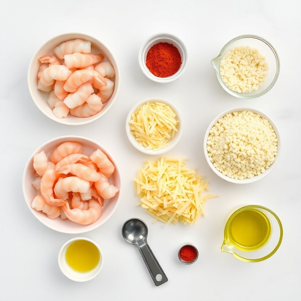 Raw ingredients for Easy Spicy Shrimp Sushi Stacks on a white marble surface
