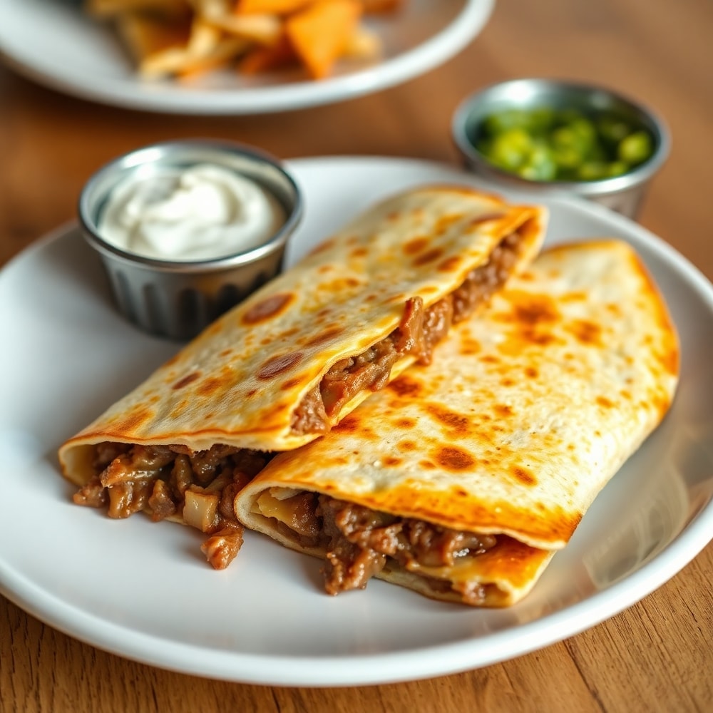 Plated steak cheese quesadillas with sour cream and guacamole