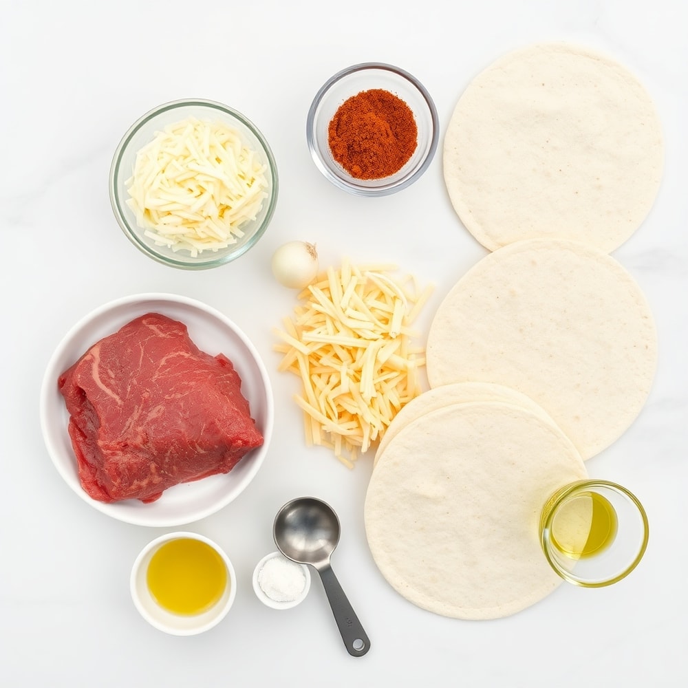 Raw ingredients for steak cheese quesadillas on a white marble surface