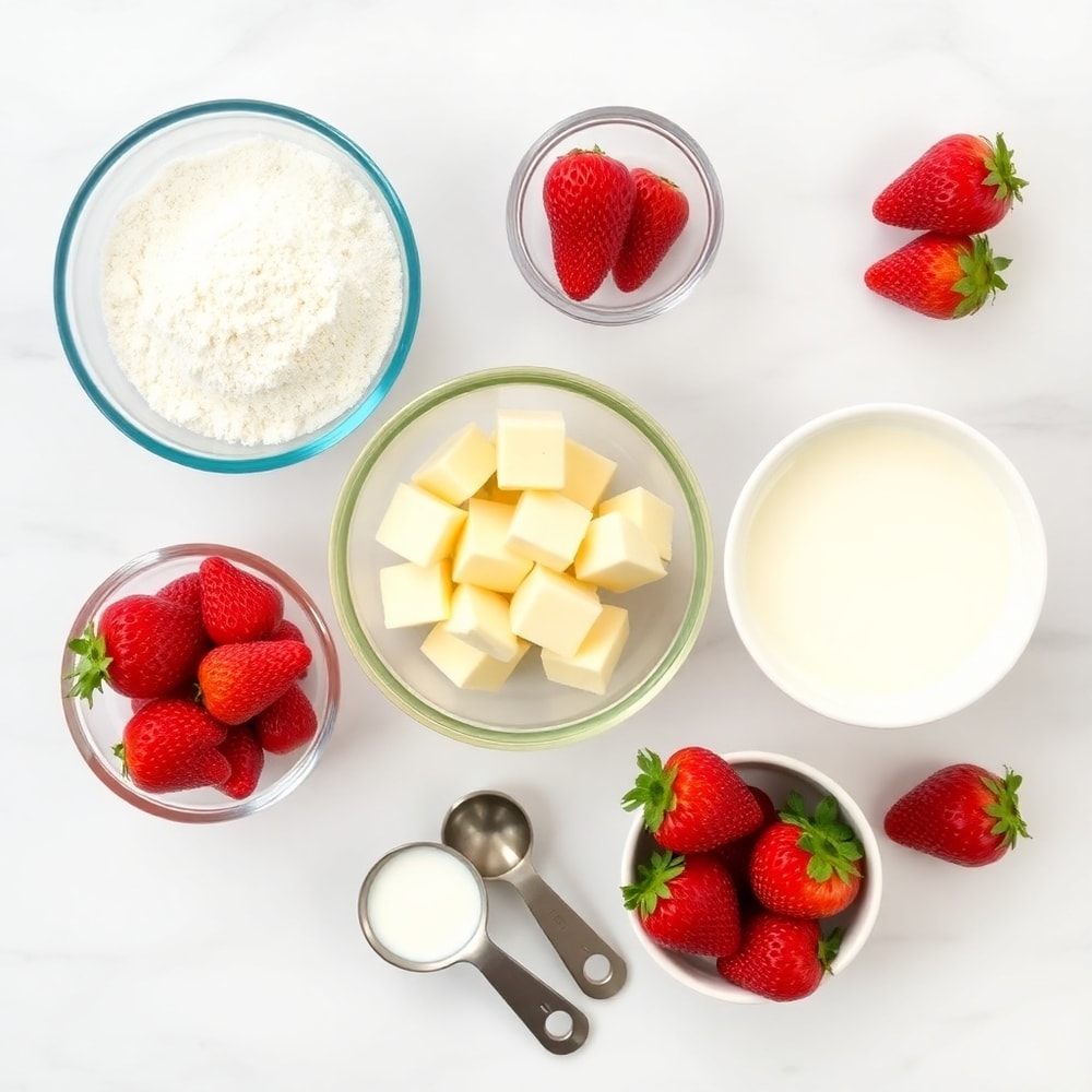 Raw ingredients for easy strawberry shortcake muffins