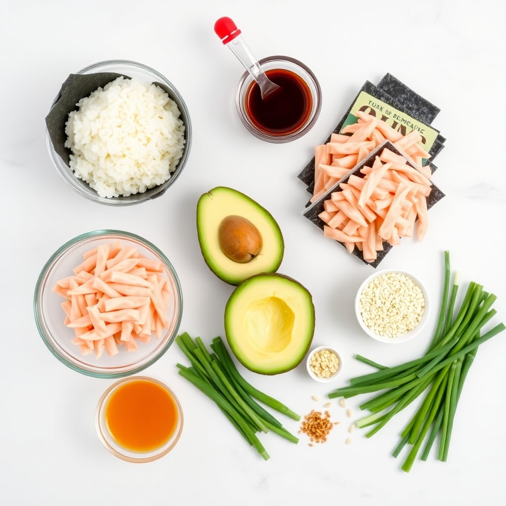 Raw ingredients for Easy Sushi Bake on a white marble surface