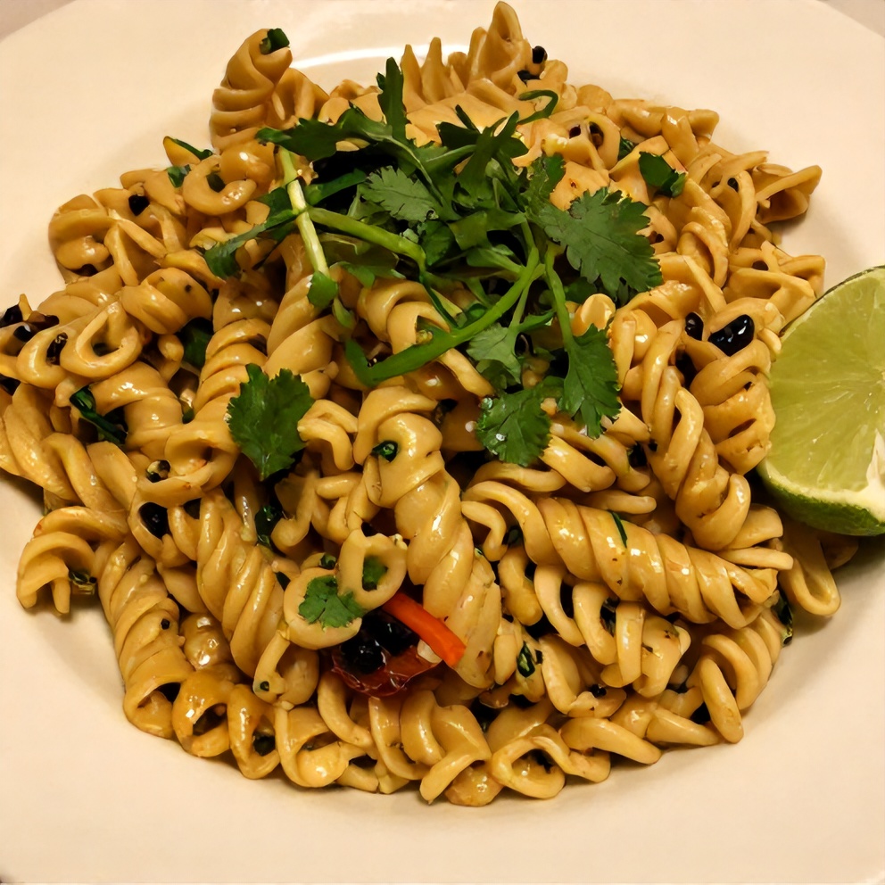 Plated serving of Easy Taco Pasta Salad with a lime wedge and fresh cilantro