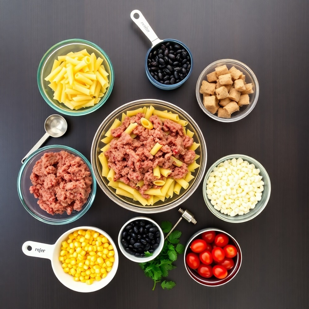 Raw ingredients for Easy Taco Pasta Salad laid out on a wooden surface