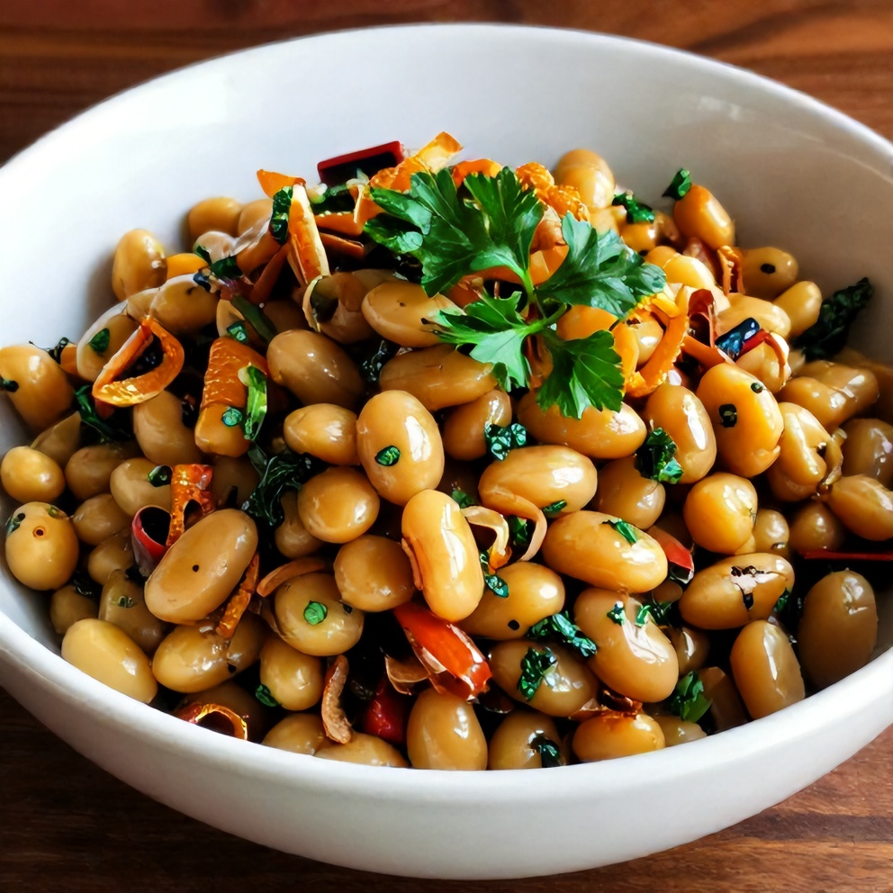 Three Bean Salad served in a bowl with fresh parsley