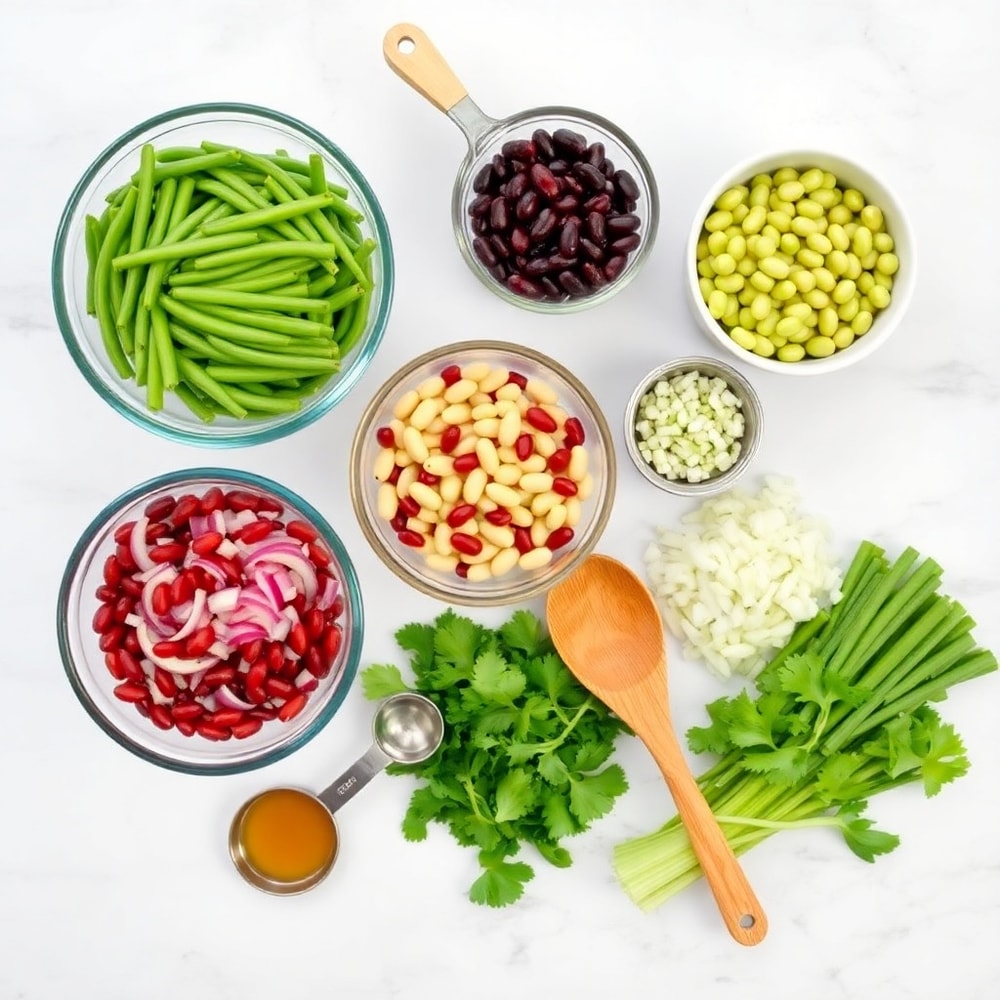 Three Bean Salad ingredients on a wooden surface
