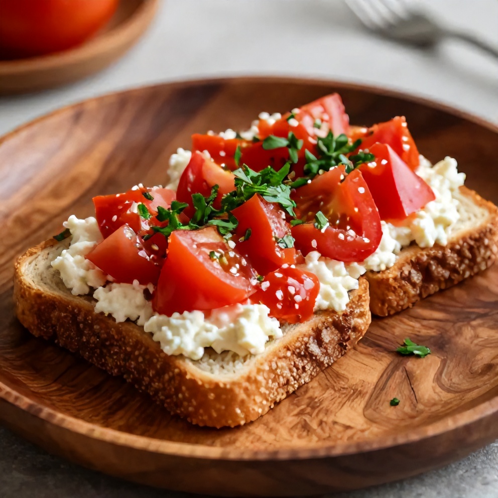 Plated Tomato and Cottage Cheese Toast with a sprinkle of fresh parsley