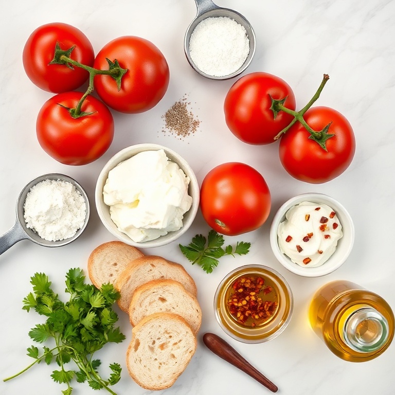 Raw ingredients for Tomato and Cottage Cheese Toast on a white marble surface