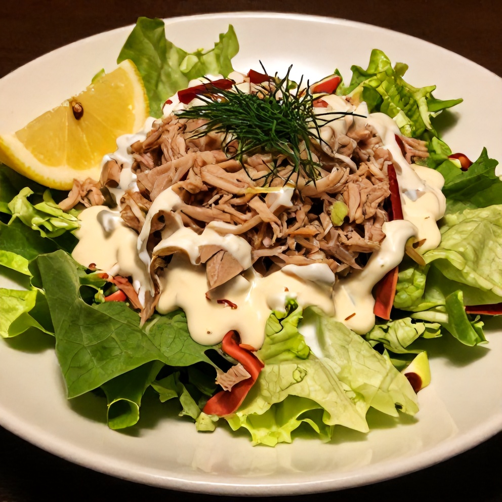 Plated Easy Tuna Salad with lemon wedge