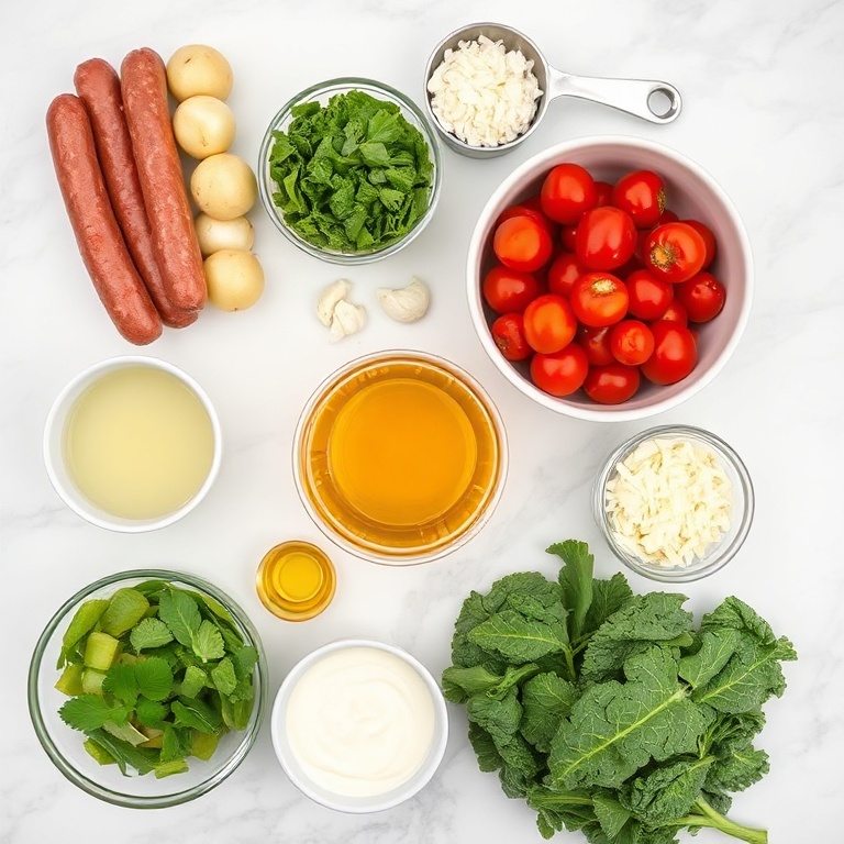 Raw ingredients for Zuppa Toscana Casserole arranged in a flat lay
