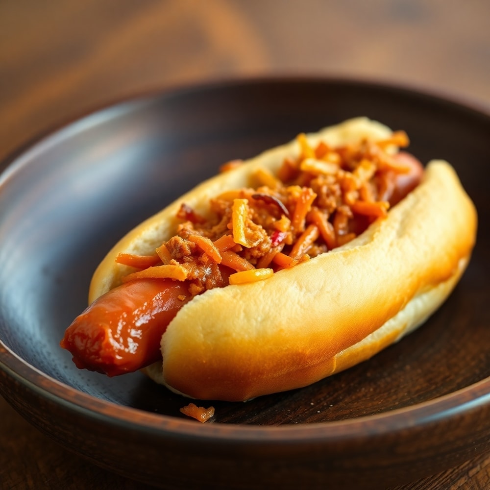 Plated firecracker hot dog with toppings