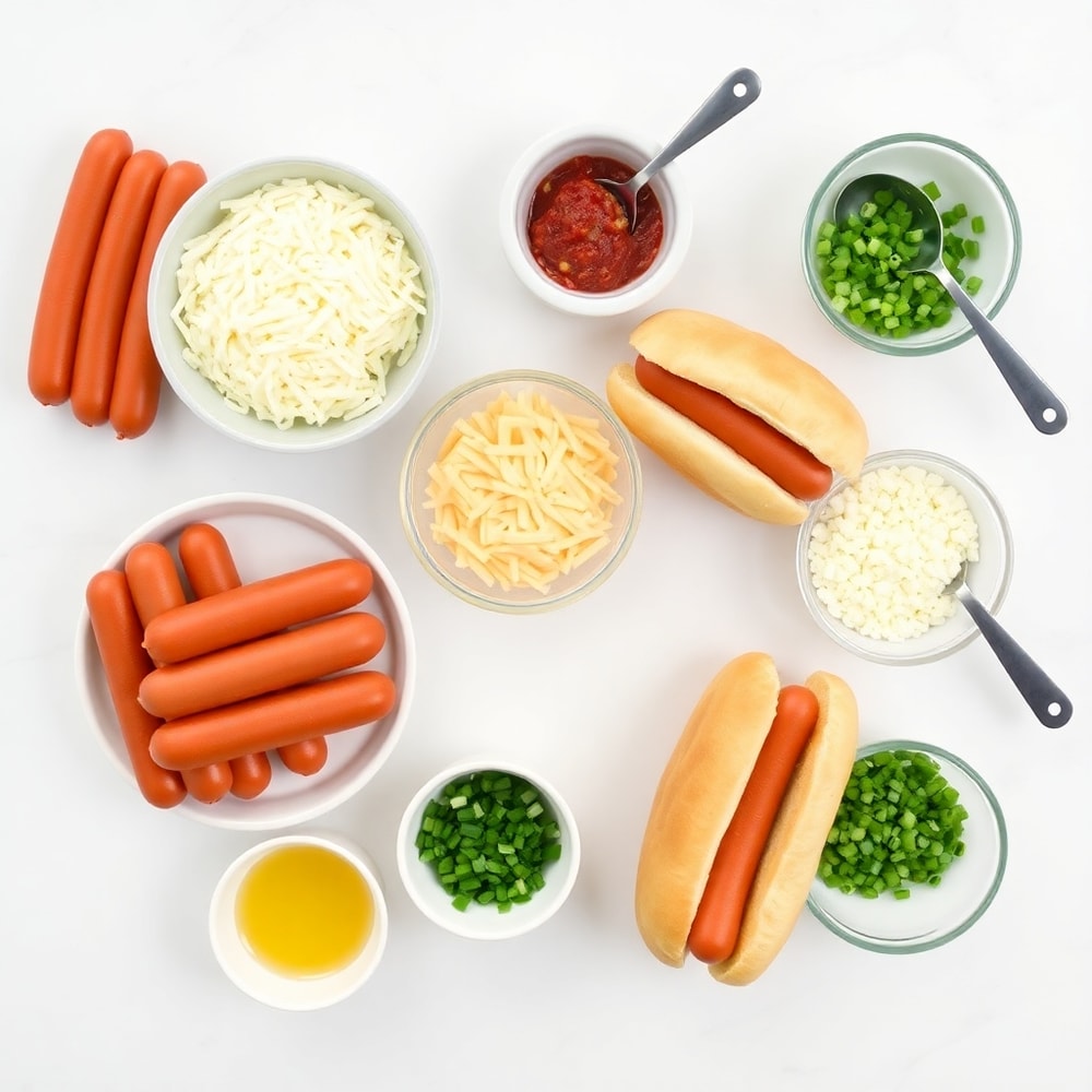 Hot dog ingredients on a marble surface