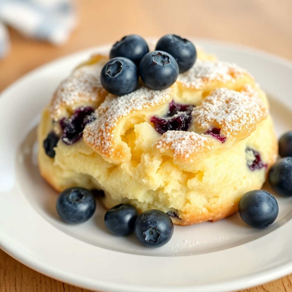 Fluffy Cottage Cheese Blueberry Cloud Bread with fresh blueberries on a white plate