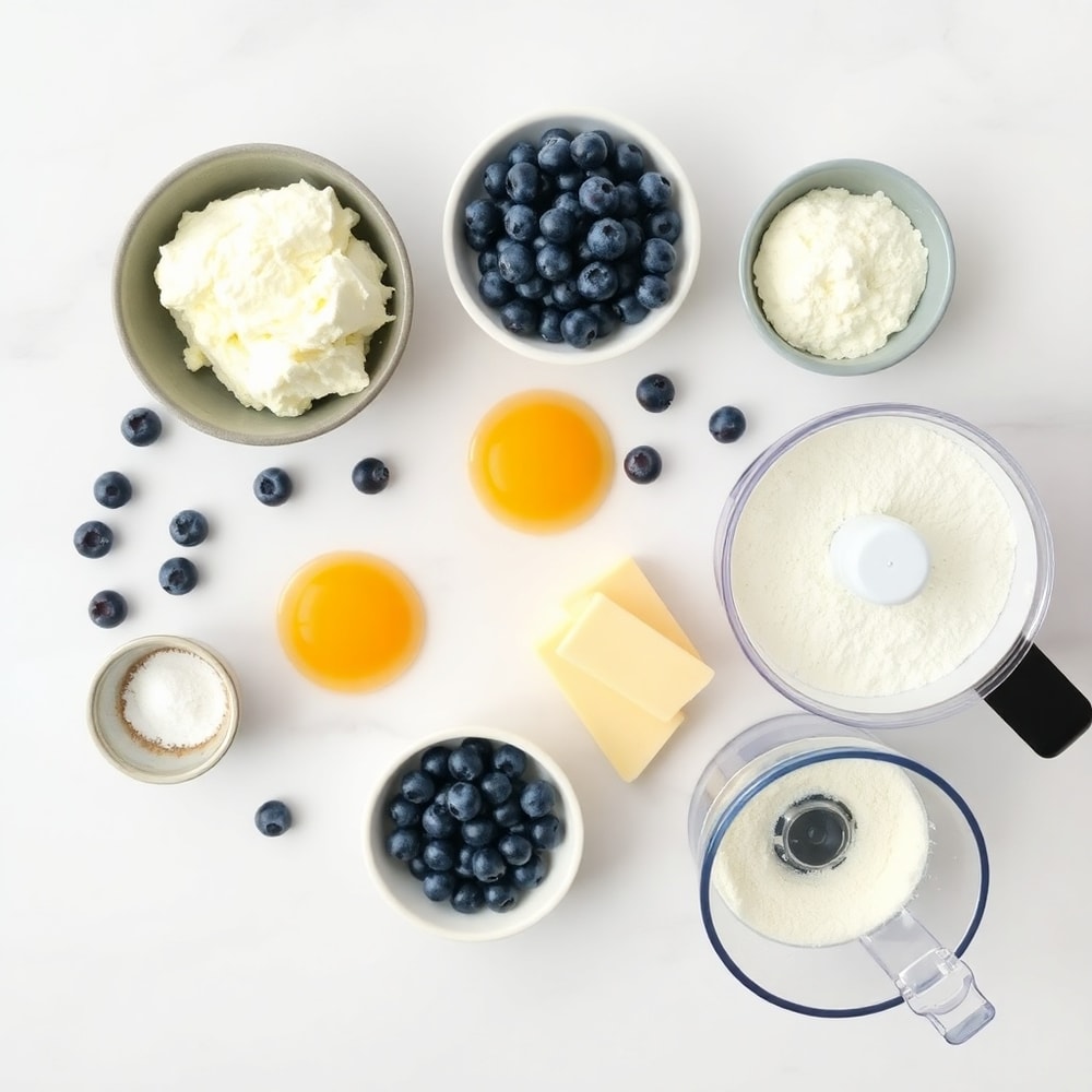 Raw ingredients for Fluffy Cottage Cheese Blueberry Cloud Bread on a marble surface