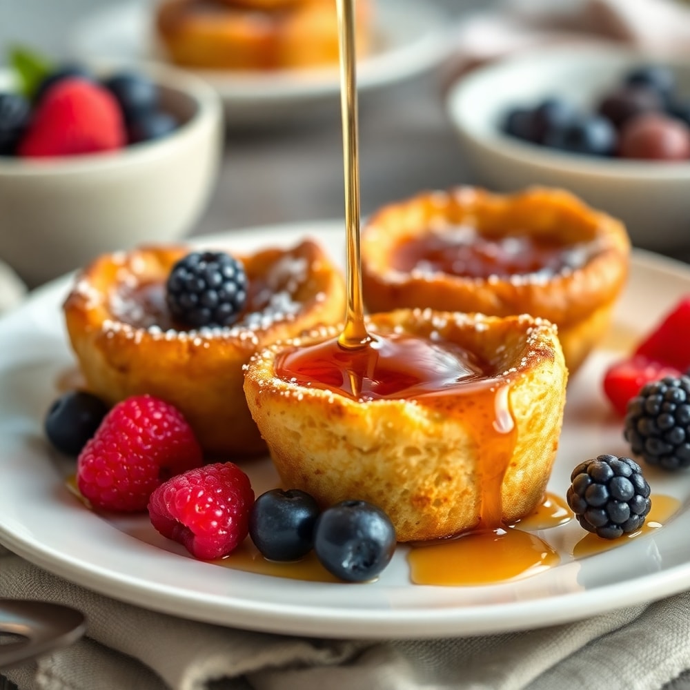 French Toast Cups on a plate with fresh berries and a drizzle of maple syrup