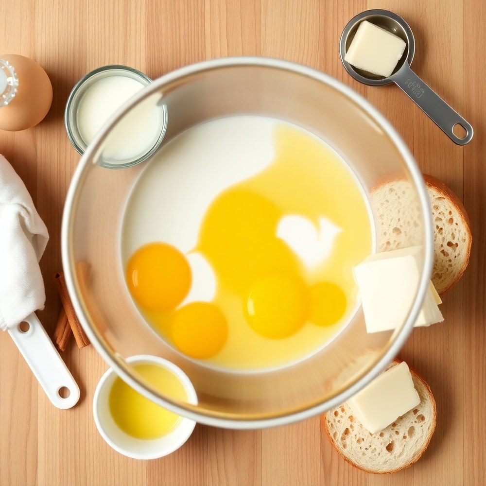 Bowl of eggs, milk, vanilla extract, cinnamon, bread slices, and butter on a wooden surface