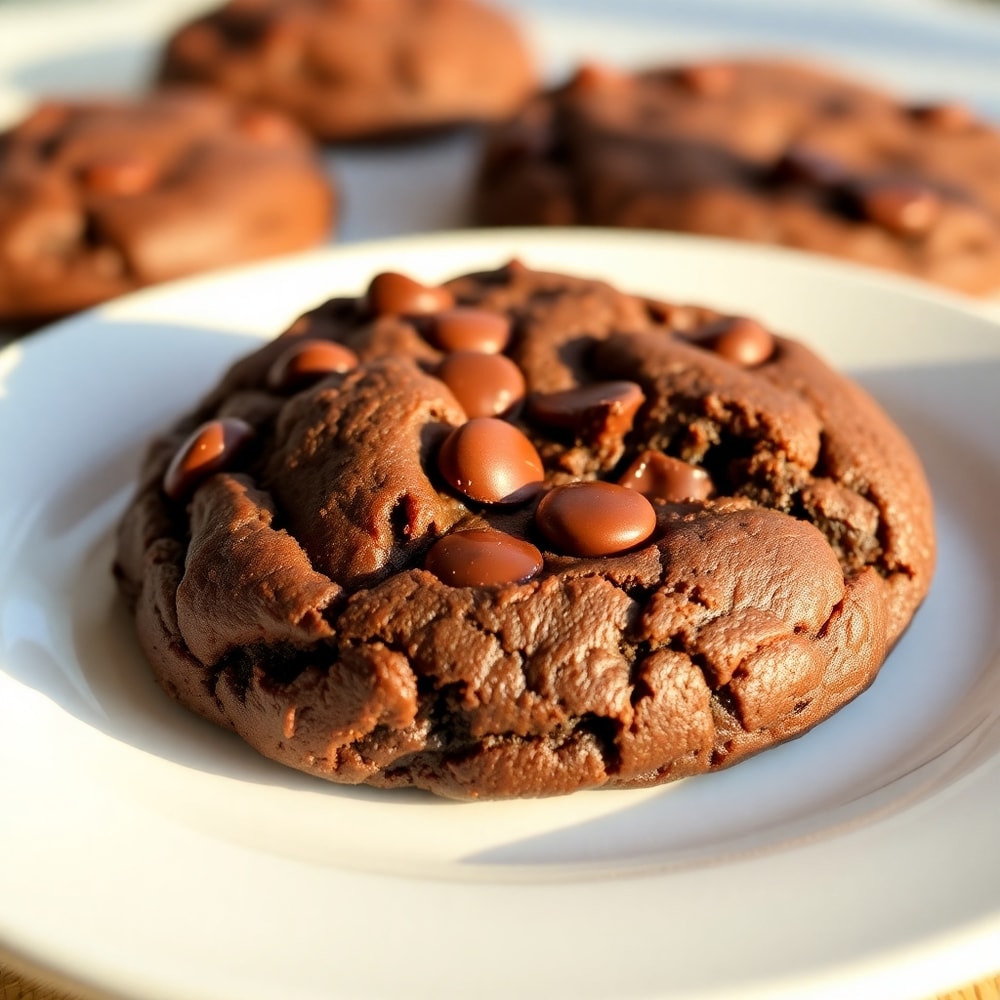 Fudgy chocolate brownie cookie on a white plate