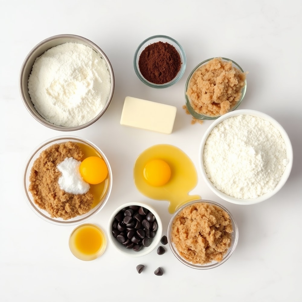 Raw ingredients for fudgy chocolate brownie cookies on a white marble surface