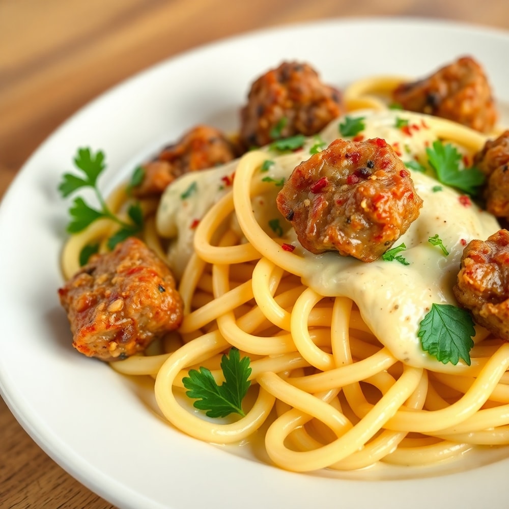 Garlic Butter Steak Bites with Pasta and Parmesan Cream on a Plate