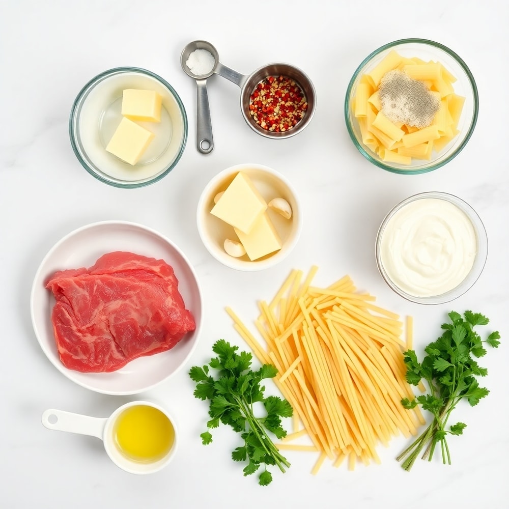 Raw Ingredients for Garlic Butter Steak Bites with Pasta and Parmesan Cream