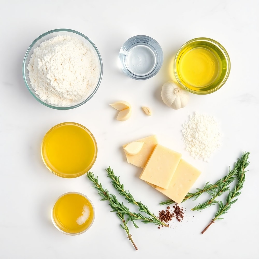 Garlic Parmesan Focaccia ingredients on a marble surface