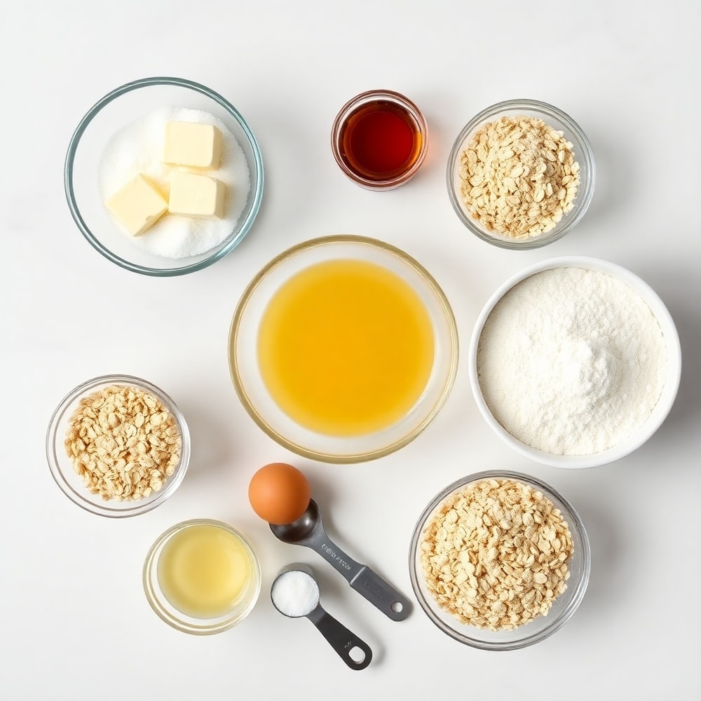 Ingredients for Gooey Butter Oatmeal Cookies on a marble counter