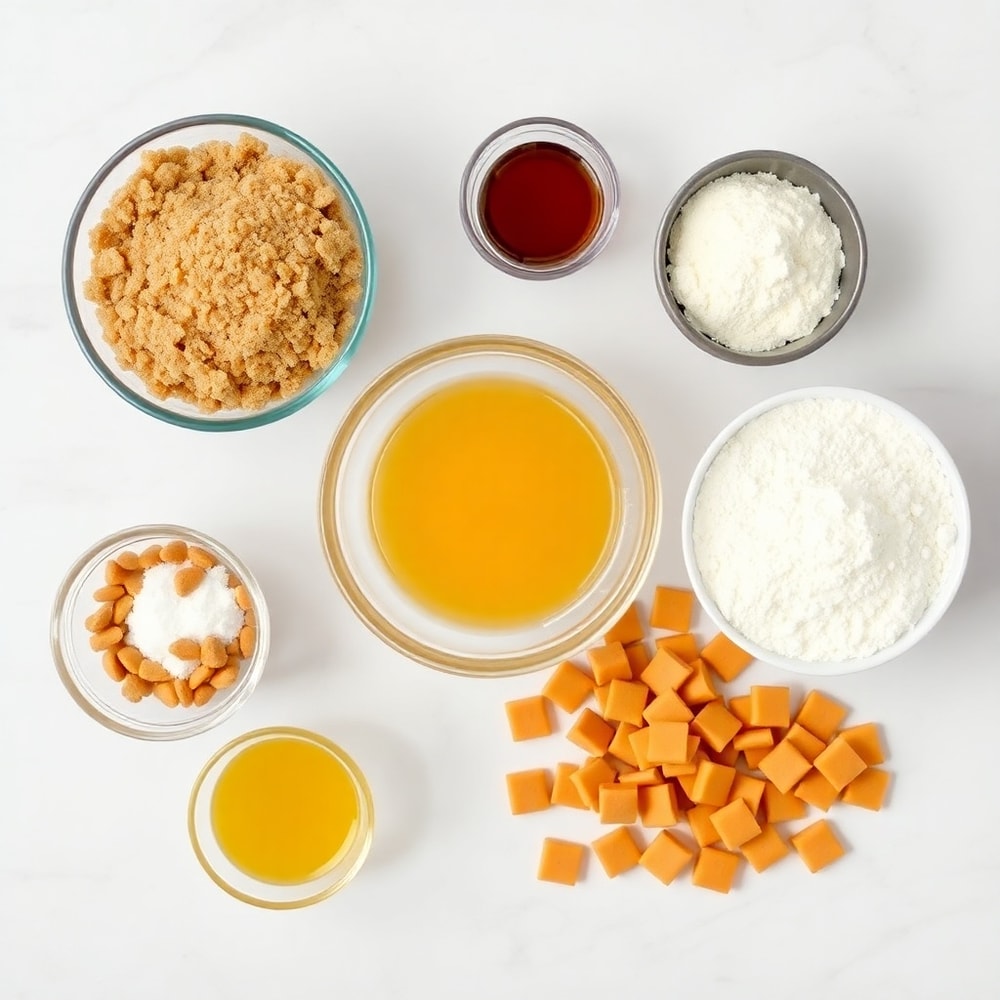 Raw ingredients for Butterscotch Blondies on a white marble surface