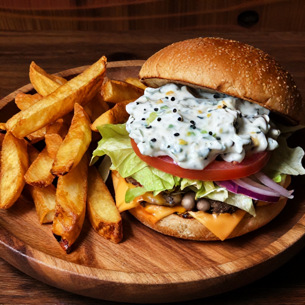 Greek Burgers plated with a side of fries