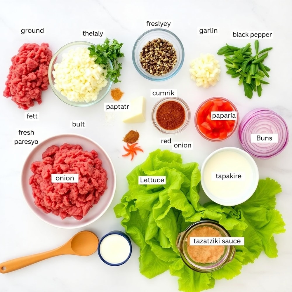 Greek Burgers ingredients on a marble surface