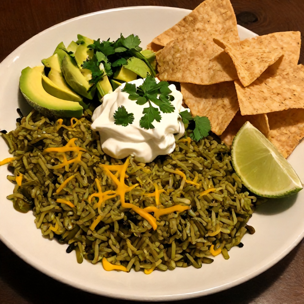 Plated Green Poblano Rice with a side of tortilla chips