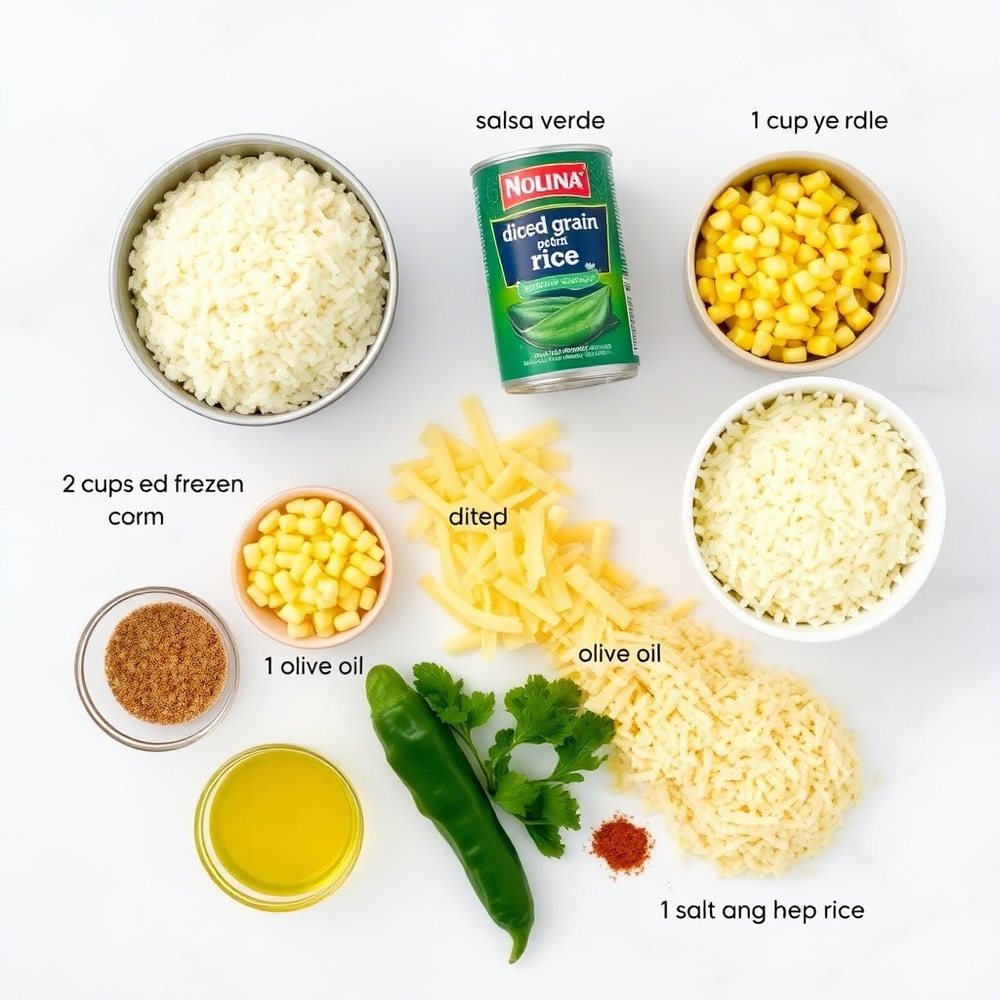Raw ingredients for Green Poblano Rice laid out on a wooden surface