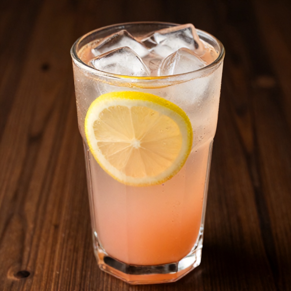 A glass of Guava White Tea Lemonade with a lemon slice garnish