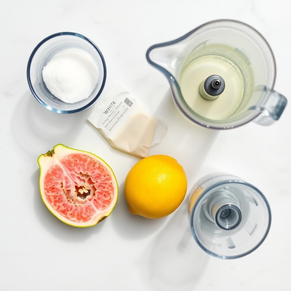 Raw ingredients for Guava White Tea Lemonade including guavas, tea bags, and lemons
