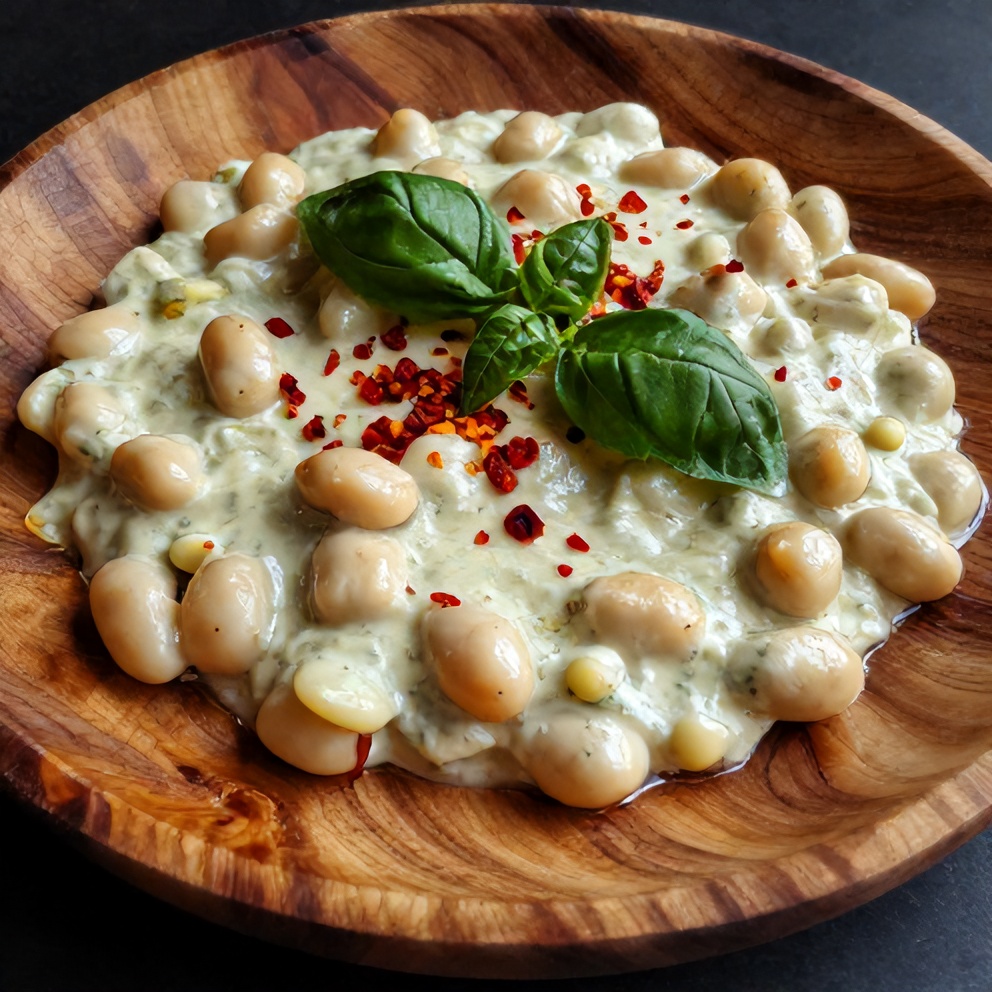 Plated serving of creamy white bean and pesto bake