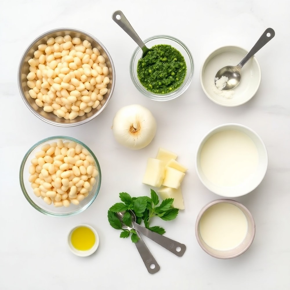 Raw ingredients for white bean pesto bake arranged on a wooden surface