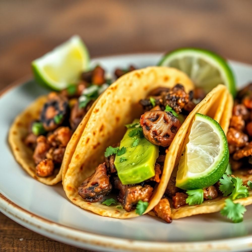 Plated serving of crispy mushroom tacos