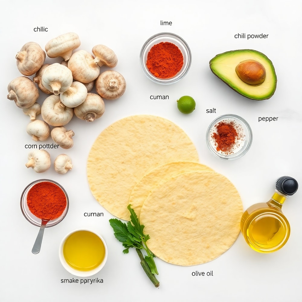 Raw ingredients for mushroom tacos: mushrooms, corn tortillas, avocado, lime, etc.