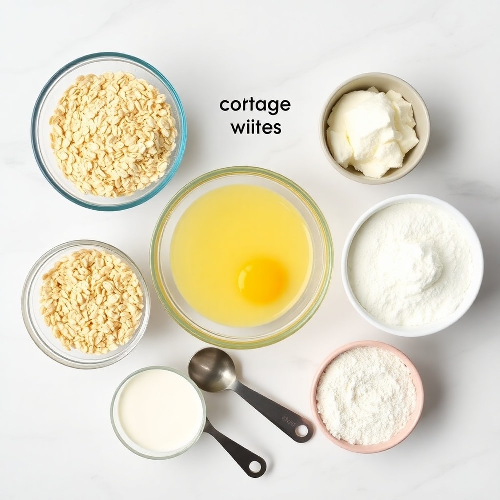 Raw ingredients for high protein pancake muffins on a white marble surface