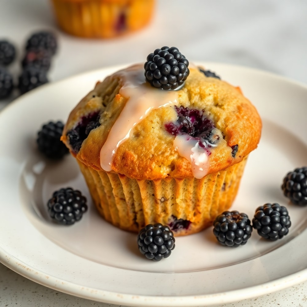 Freshly baked blackberry muffins with sugar glaze