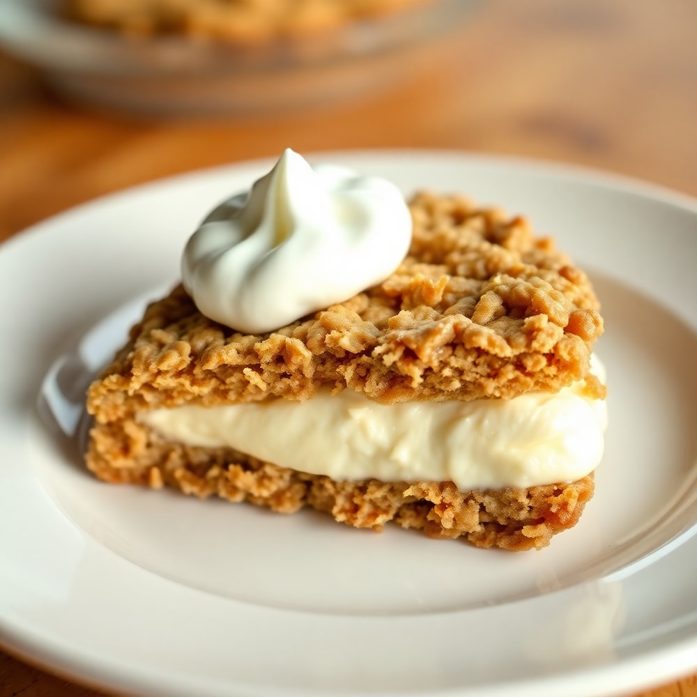 A plated homemade oatmeal cream pie with a dollop of whipped cream