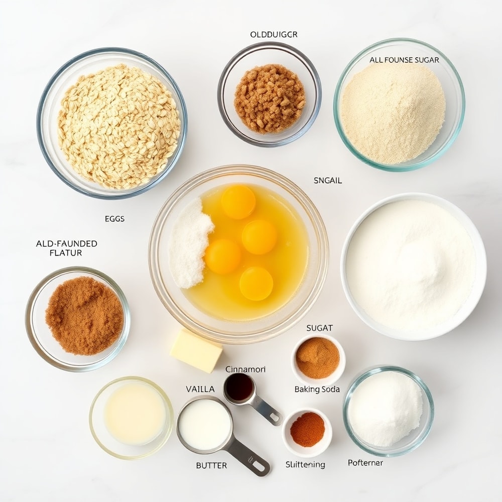 Raw ingredients for homemade oatmeal cream pies on a white marble surface