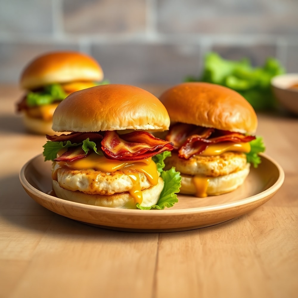 Honey Mustard BLT Chicken Sliders on a plate with a side of fries