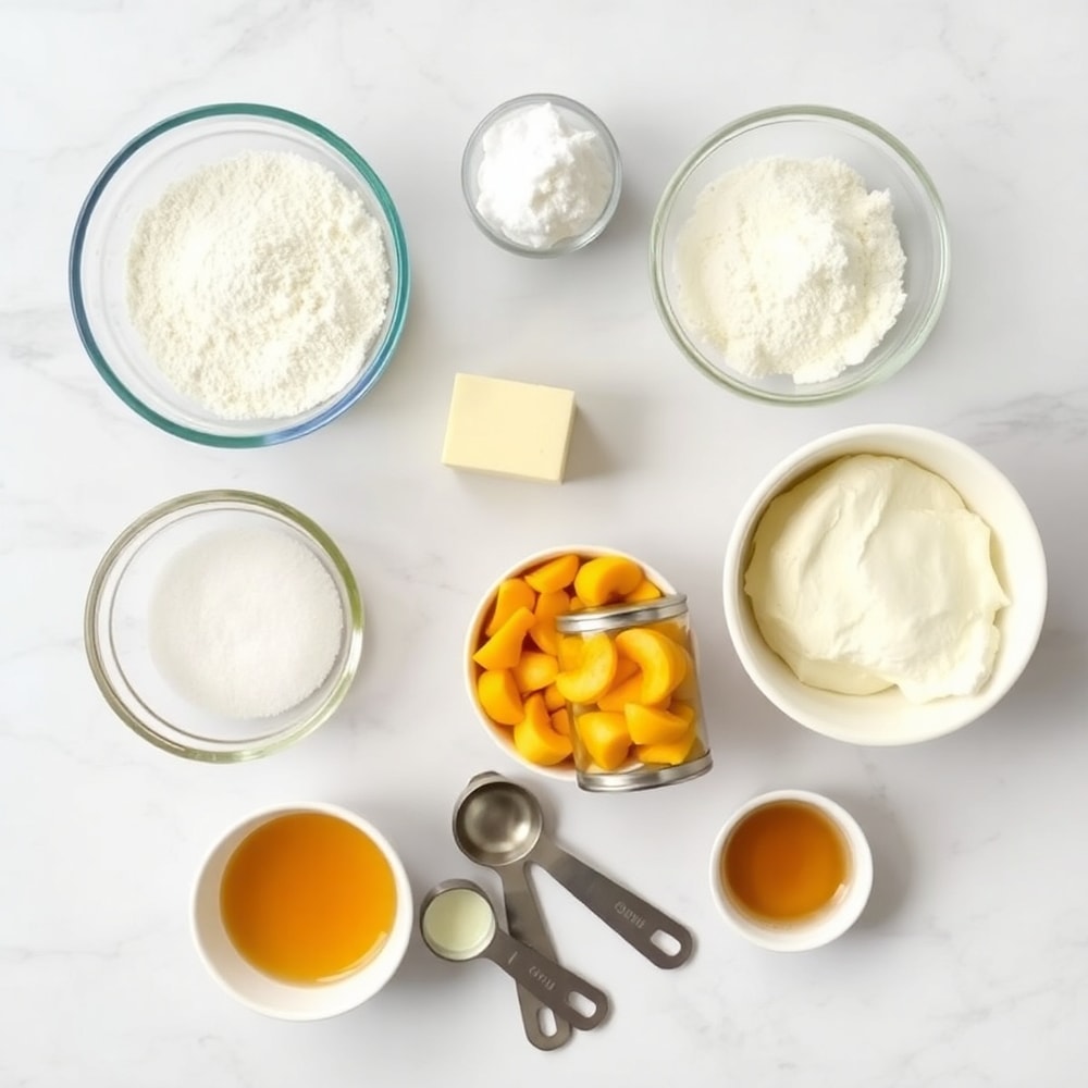 Ingredients for Honey Peach Cream Cheese Cupcakes on a marble surface