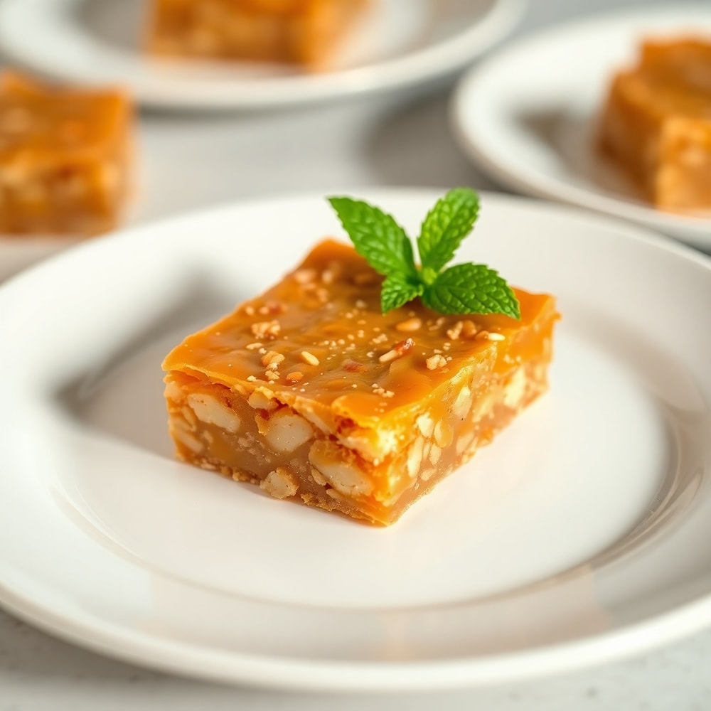 One perfect plated serving of caramel crush bars on a white plate, garnished with a sprig of mint, warm side lighting