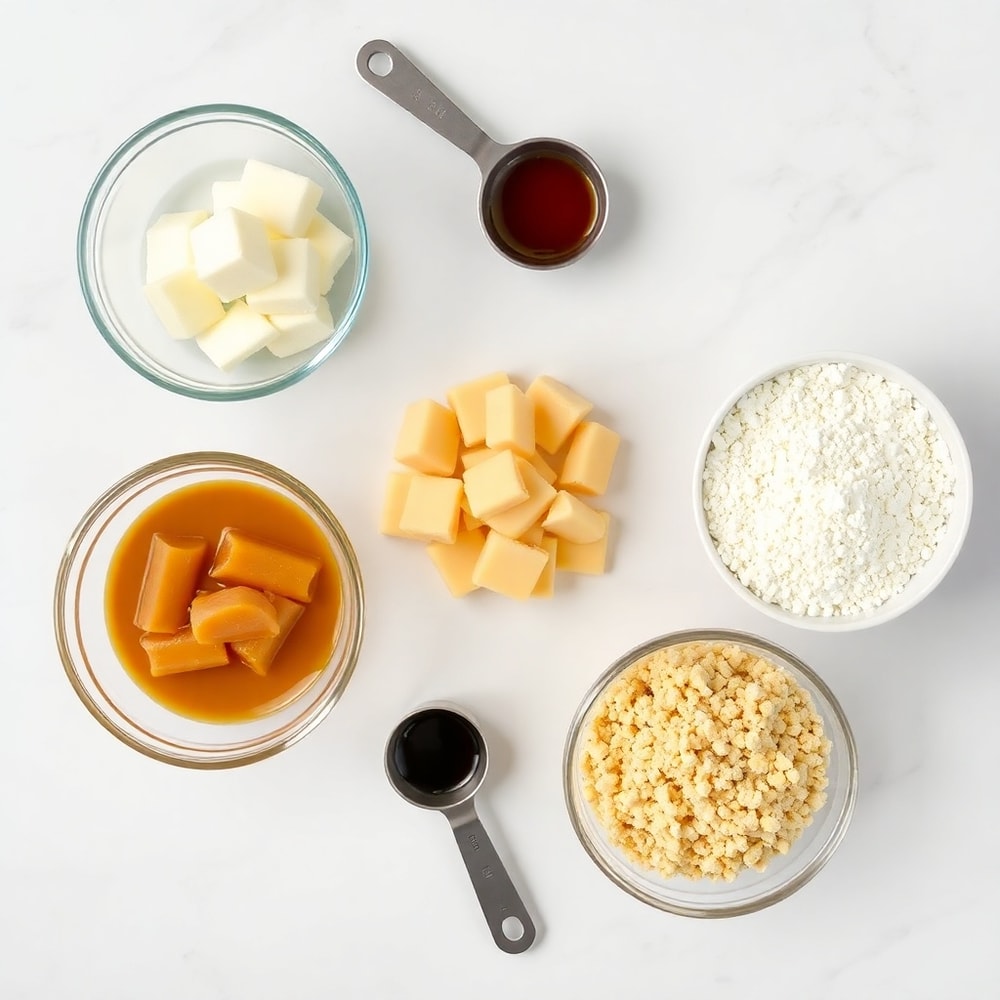 Raw ingredients for caramel crush bars on a white marble surface, bright even light