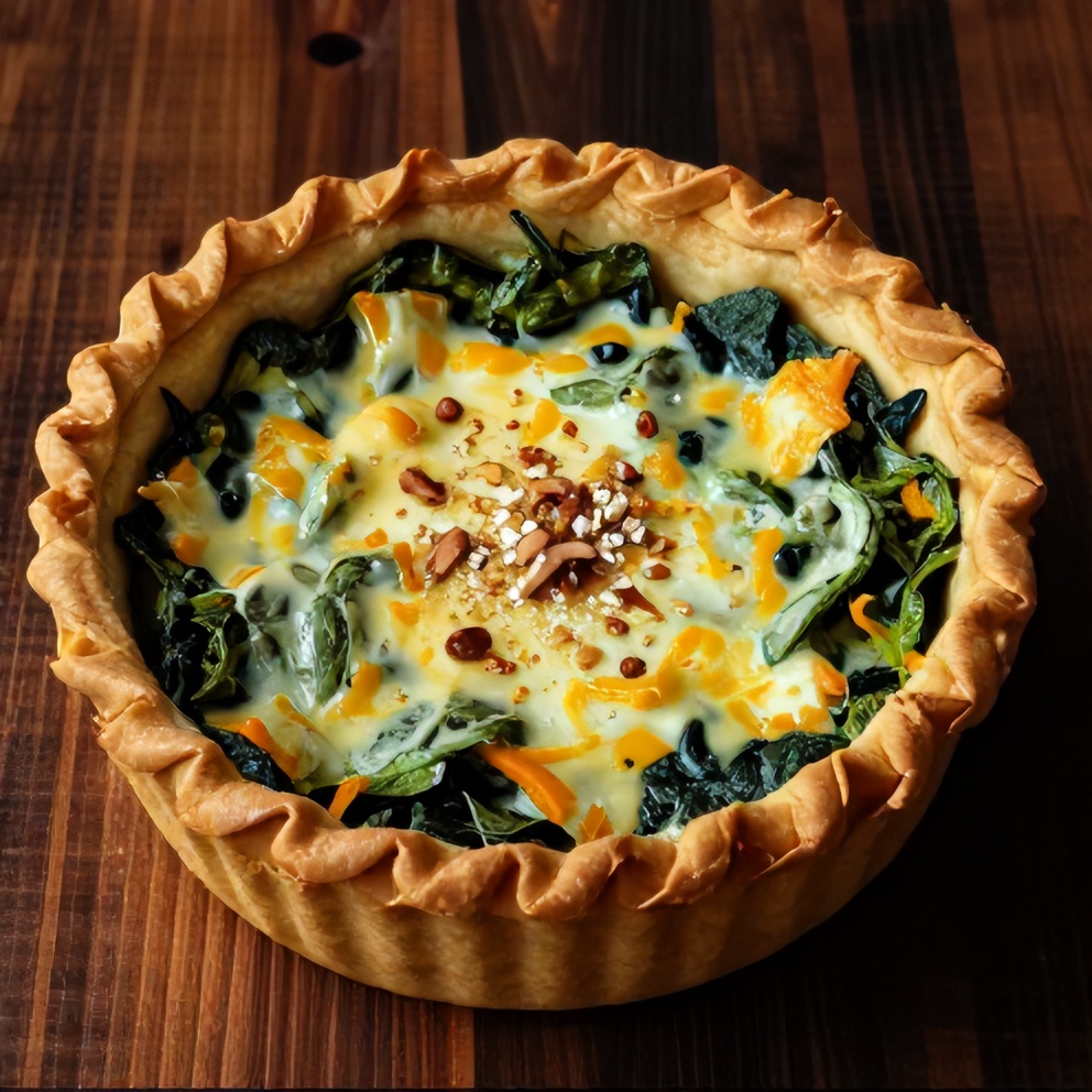 Irish Cheddar Cheese Spinach Tart plated with a side of crispy orange maple glazed Brussels sprouts