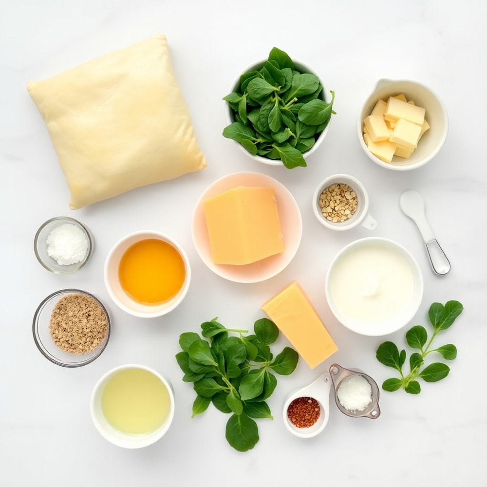 Raw ingredients for Irish Cheddar Cheese Spinach Tart including spinach, cheddar cheese, and puff pastry