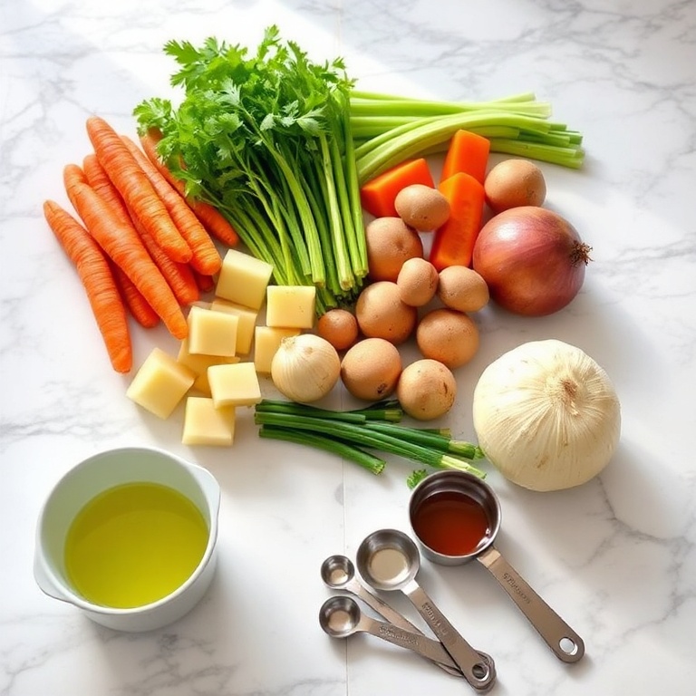 Ingredients for Irish Vegetarian Stew on a marble counter