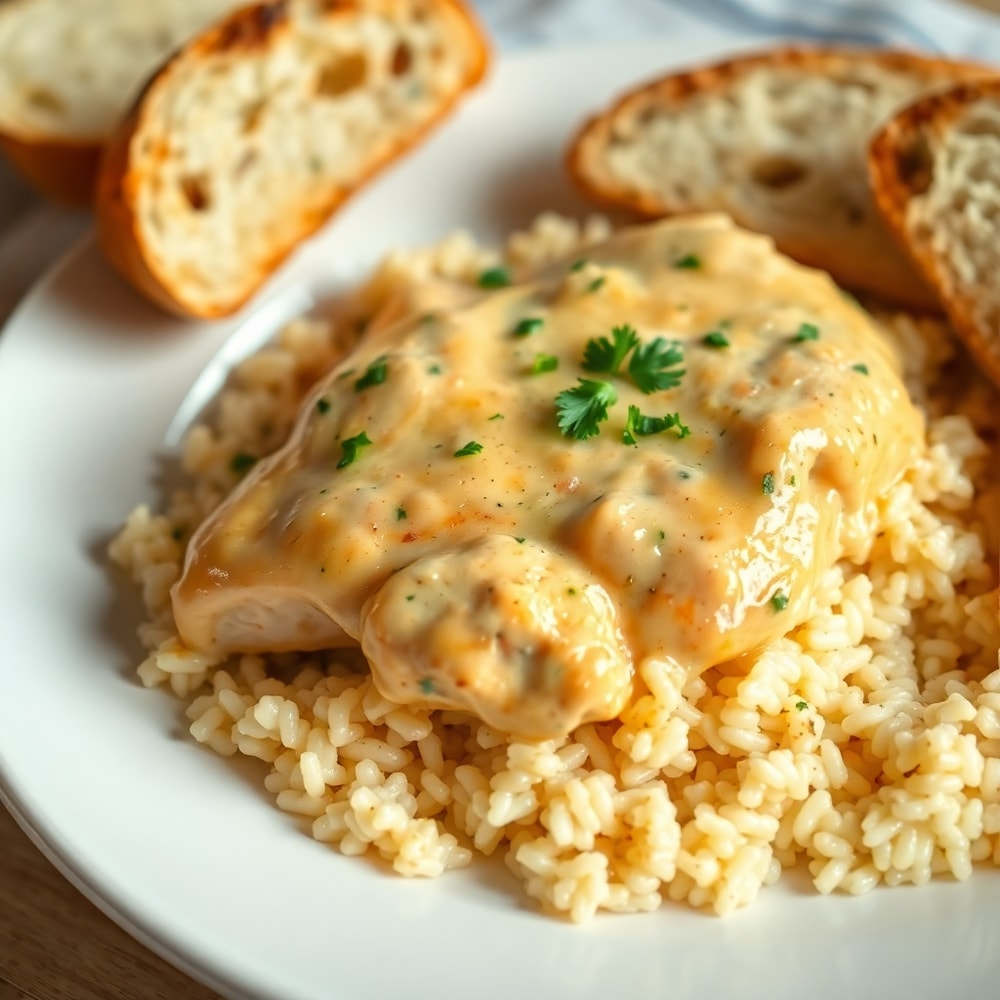 Plated creamy smothered chicken and rice