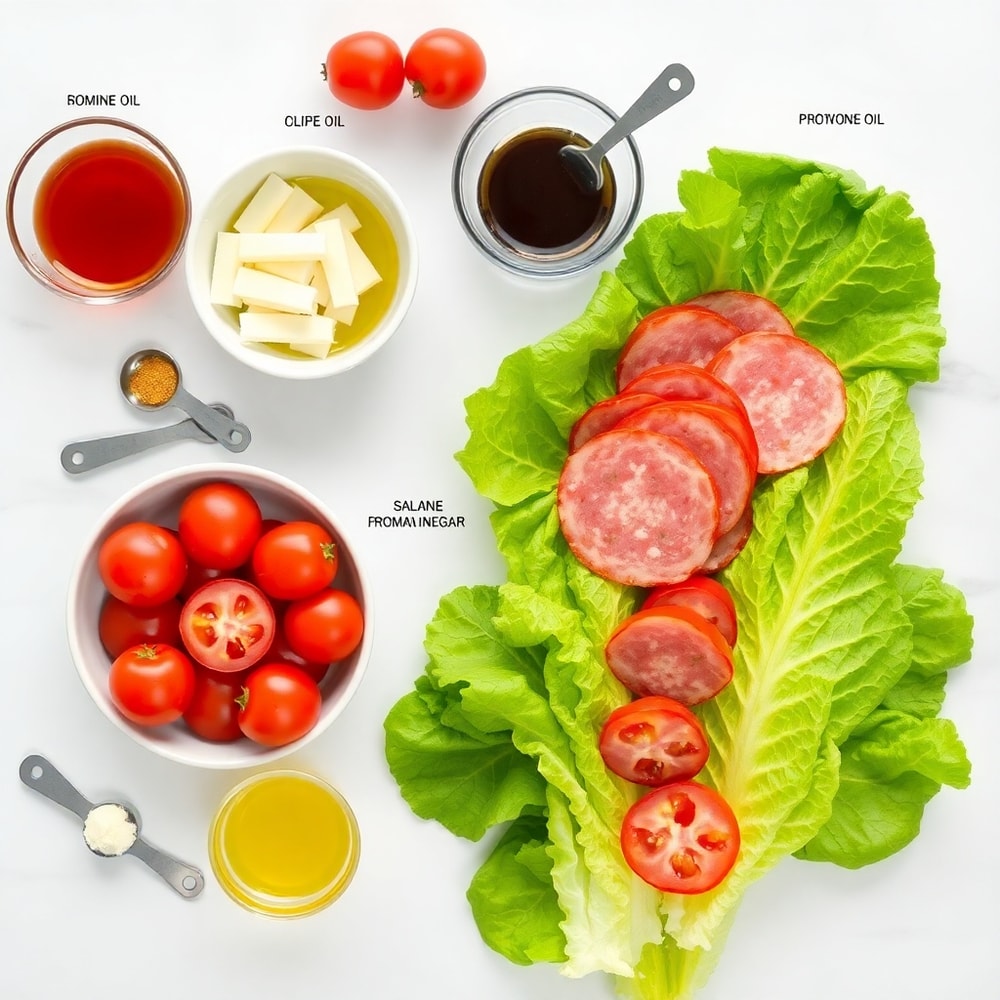 Italian Grinder Salad ingredients: lettuce, tomatoes, salami, provolone, and more